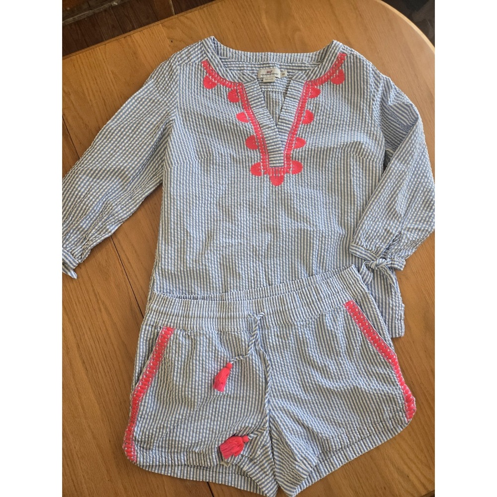 Vineyard Vines Womens 2 Pc Set Shirt Shorts Seersucker XS S BEACHY RESORT